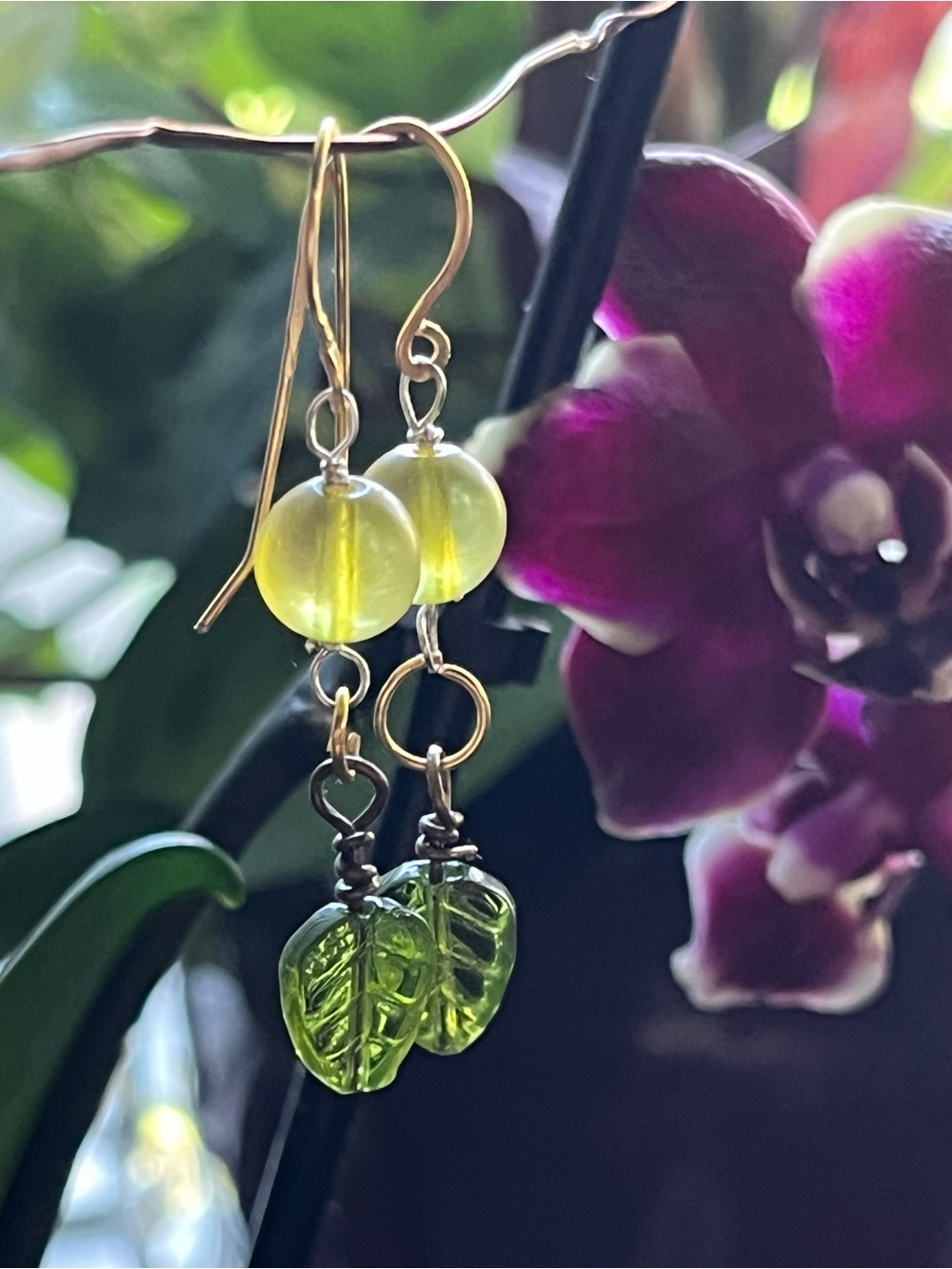 Hand Crafted Yellow-Green Bead & Green Leaf Drop Earrings